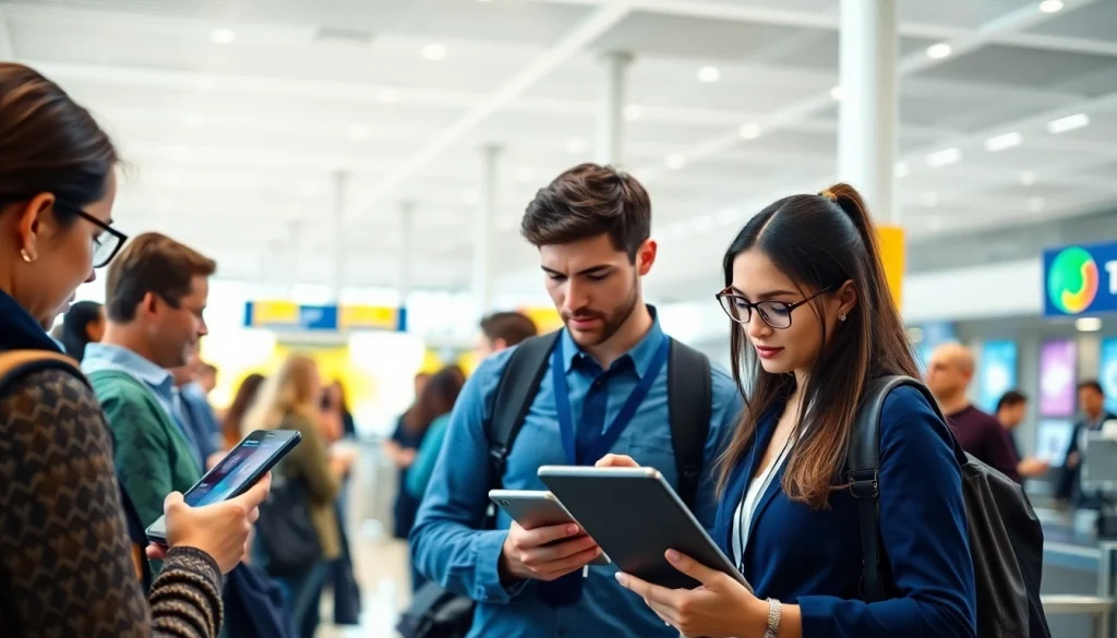 Travelers efficiently engaging with the eta application uk process at an airport check-in desk.