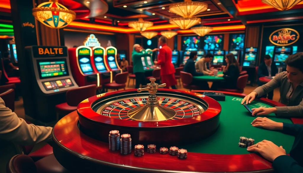Players enjoying a thrilling game experience at BK8 casino with roulette and poker tables.