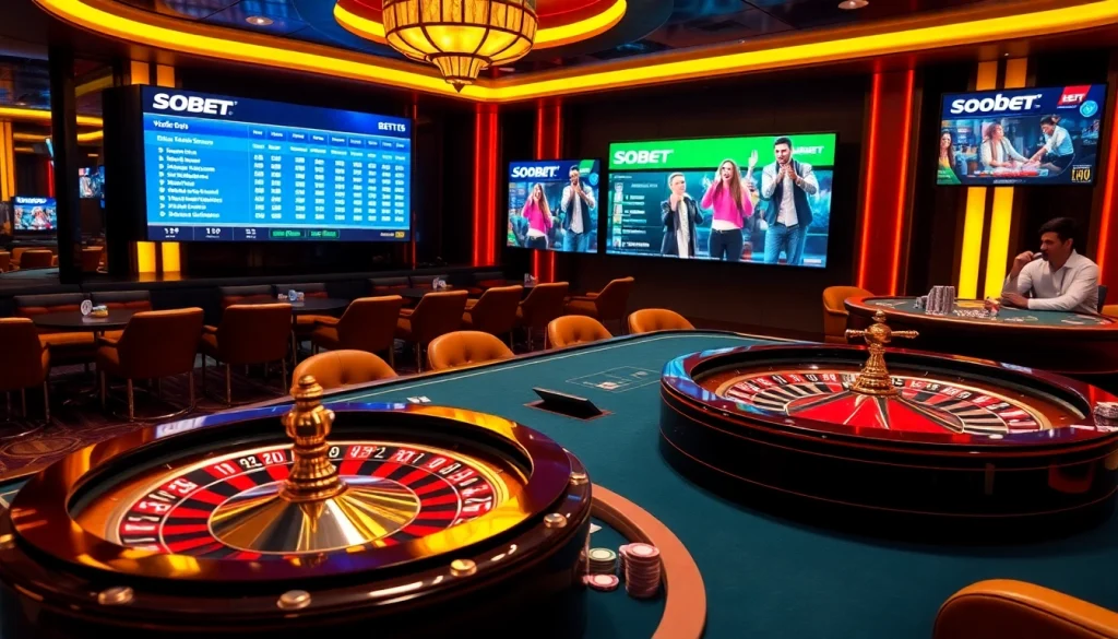 Experience exciting Sbobet betting with vibrant casino visuals featuring roulette, cards, and chips.