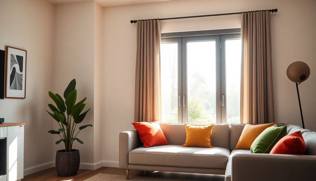 Verduisterende gordijnen in een stijlvolle woonkamer die de ruimte een moderne uitstraling geeft.