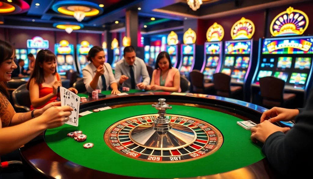 Exciting gameplay at a luxurious casino showcasing cm88 with vibrant roulette and slot machines.