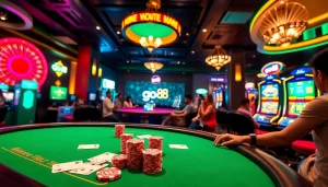 Engaging scene of players enjoying go 88 casino games with vibrant poker chips and roulette.