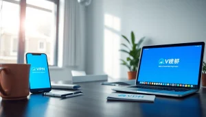 在明亮工作区的多台设备上显示的快连VPN应用，象征创新与安全。