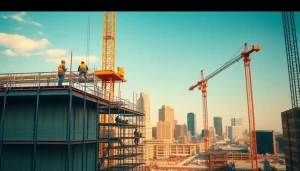 Workers engaged in Austin construction site with cranes and urban skyline in view.