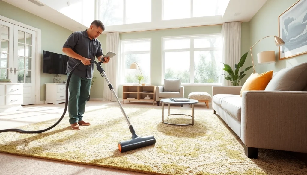 Experience exceptional carpet cleaning specials with a professional technician revitalizing a living room carpet.