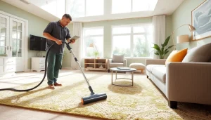 Experience exceptional carpet cleaning specials with a professional technician revitalizing a living room carpet.