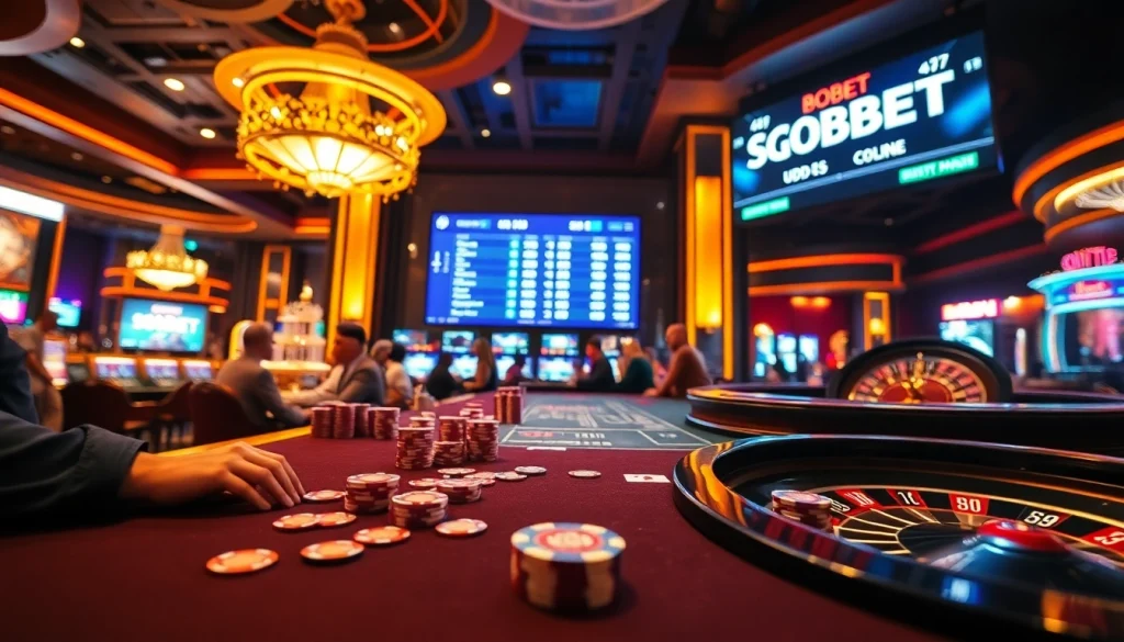 sbobet betting scene featuring luxurious gaming tables and engaged players in a casino setting