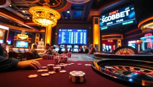 sbobet betting scene featuring luxurious gaming tables and engaged players in a casino setting