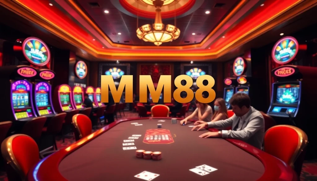 Players enjoying a thrilling poker game in a luxurious casino setting with MM88 branding.
