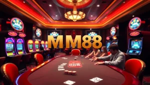 Players enjoying a thrilling poker game in a luxurious casino setting with MM88 branding.
