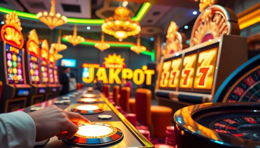 Adegan menarik para pemain yang menang di mesin slot Depo Pulsa di tengah kilau lampu kasino yang berwarna-warni.