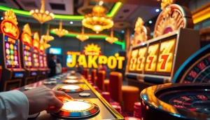 Adegan menarik para pemain yang menang di mesin slot Depo Pulsa di tengah kilau lampu kasino yang berwarna-warni.