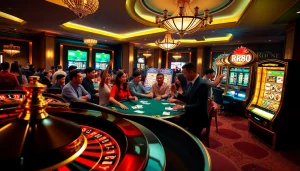 Engaging gameplay scene at RR88 with players at roulette, poker, and slots, showcasing excitement.