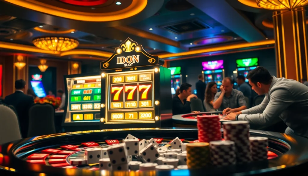 Experience the thrill of idn slot 777 with vibrant slot machines and excited players in a luxury casino setting.