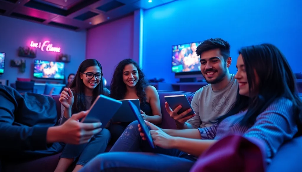 Engaged players enjoying free porn games in a vibrant gaming environment, showcasing excitement and modern devices.