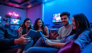 Engaged players enjoying free porn games in a vibrant gaming environment, showcasing excitement and modern devices.