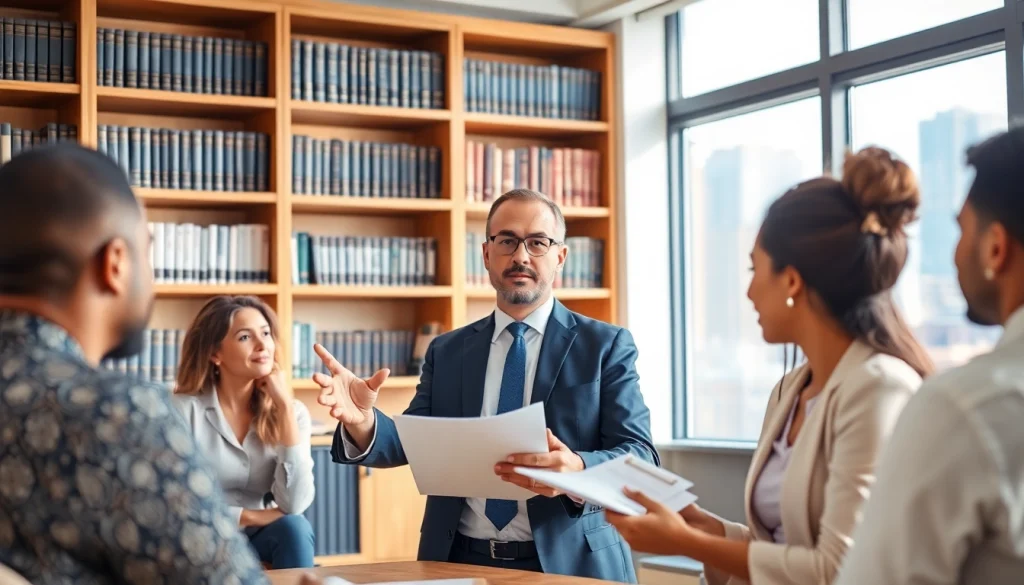 Engaging Jacksonville Immigration Lawyer consulting with diverse clients in a modern office.