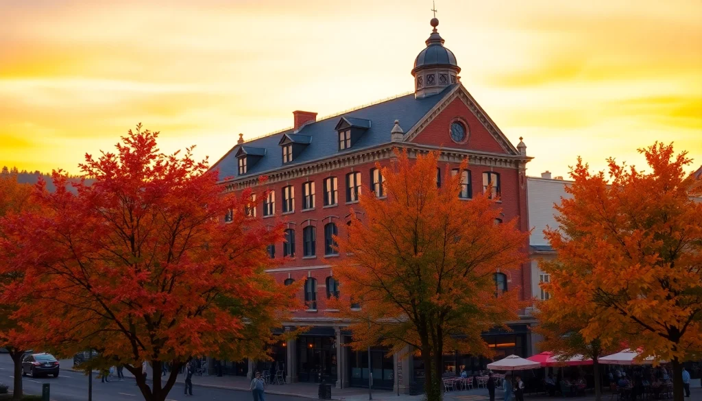 Clarksburg sunset highlighting vibrant historic buildings and lively community.