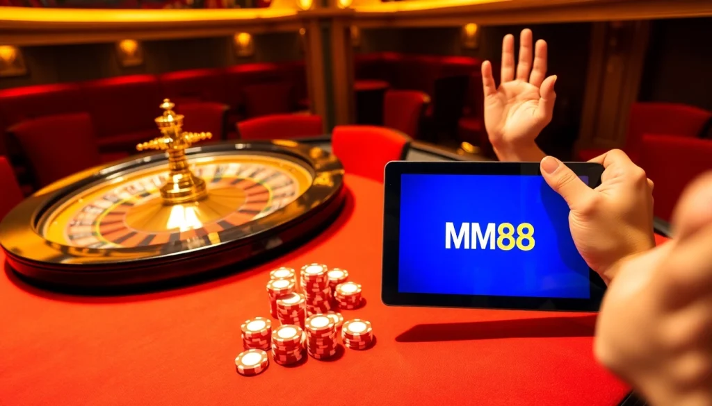 Experience the thrill of winning at MM88 casino with vibrant poker chips and roulette.