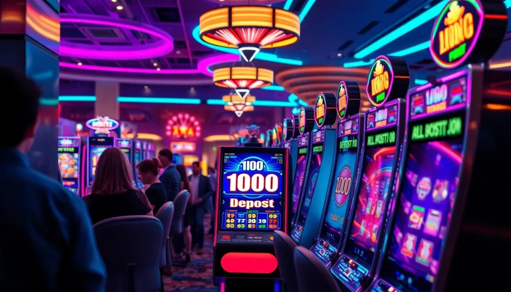 Slot deposit 1000 dengan latar permainan mesin slot yang menarik dan cahaya berwarna-warni.
