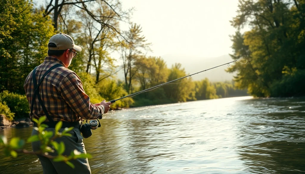 Angler using the best fly fishing rods by a serene river, casting in a natural setting.