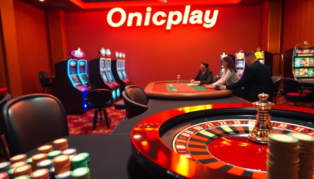 Experience the excitement of Onicplay with vibrant casino tables and stunning slot machines.