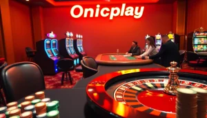 Experience the excitement of Onicplay with vibrant casino tables and stunning slot machines.