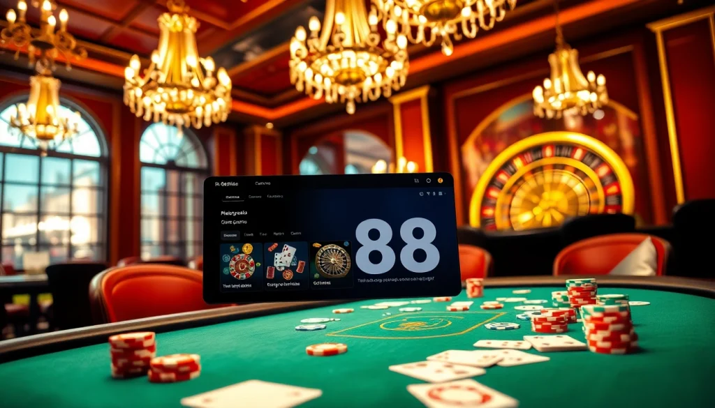 Engaging poker scene highlighting rr88 gratis with vibrant chips and cards in an elegant casino.