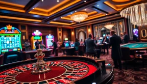 Engaging players at MK8 casino enjoying roulette and slot machines in a luxurious setting.