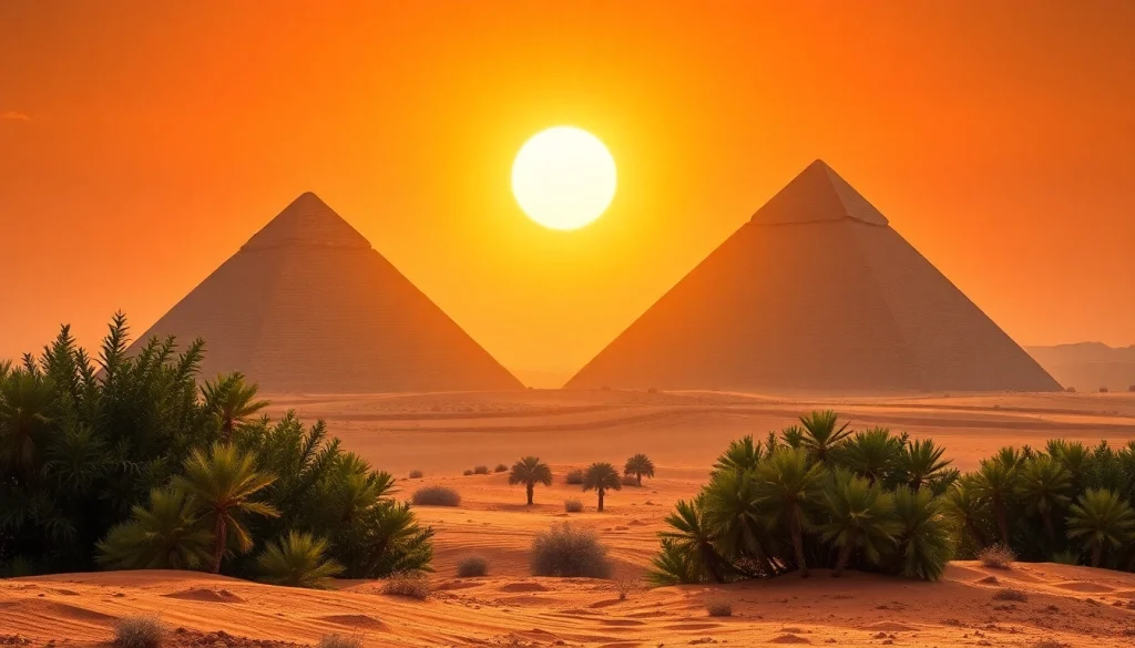 Pyraminds at sunset illuminating ancient Egyptian architecture with desert flora.