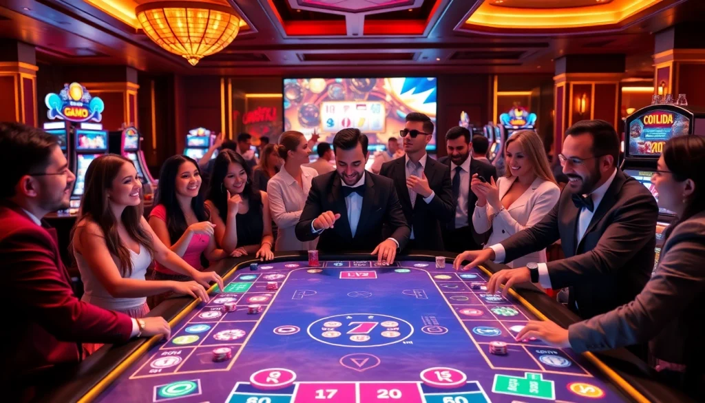 Excited players engaging with 789club online casino games at a vibrant gaming table.