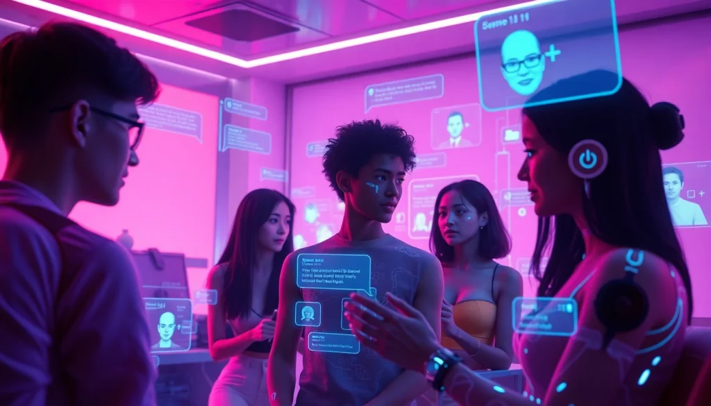 Deeply engaging NSFW AI chat scene featuring diverse characters and interactive digital interfaces.
