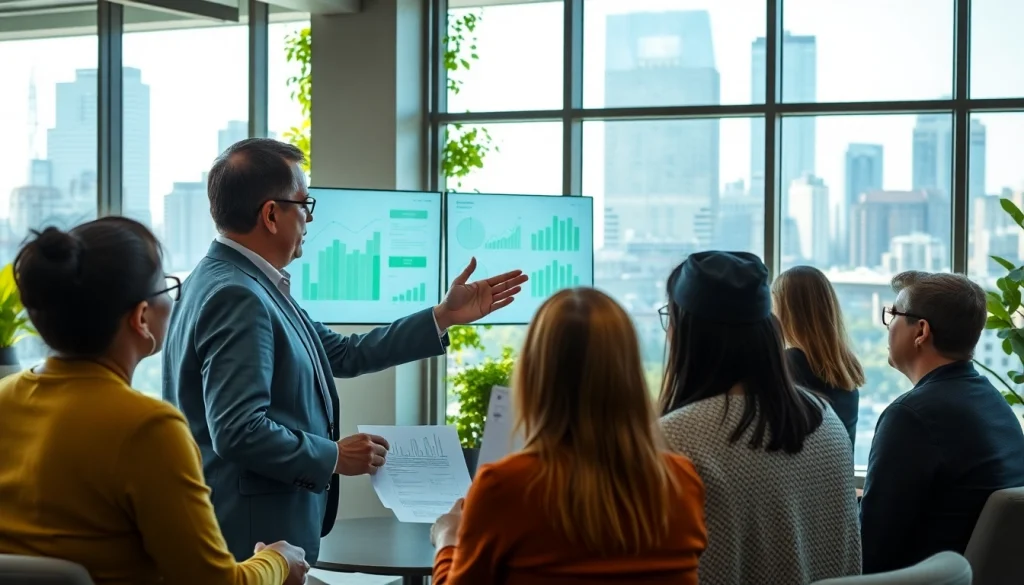 Engaged environmental lawyer discussing legal strategies with clients in a bright office setting.