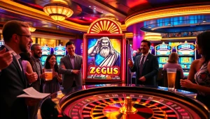 Play the zeus slot with excitement amidst a vibrant casino atmosphere filled with players.