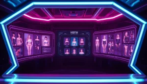 Immersive NSFW AI interaction scene with futuristic interface and character customization
