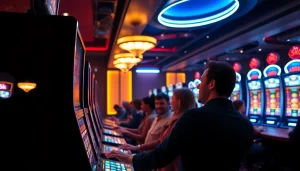 Situs Deposit 5k disorot pada mesin slot mewah yang dikelilingi pemain yang bersemangat.