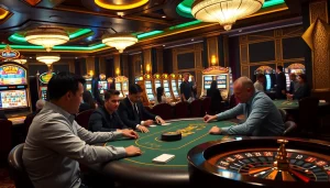 Pemain menikmati poker taruhan tinggi di kasino mewah, dengan sentuhan Datukwin yang meningkatkan kegembiraan.