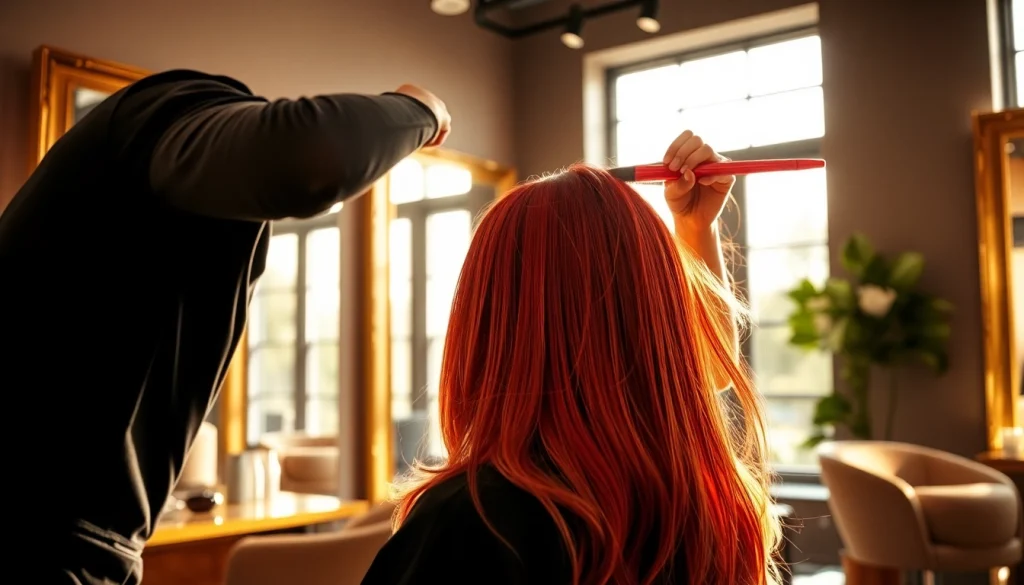 Stylist applying hair dye at a salon vopsit bucuresti in an elegant setting.