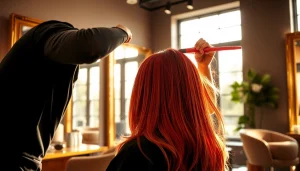 Stylist applying hair dye at a salon vopsit bucuresti in an elegant setting.