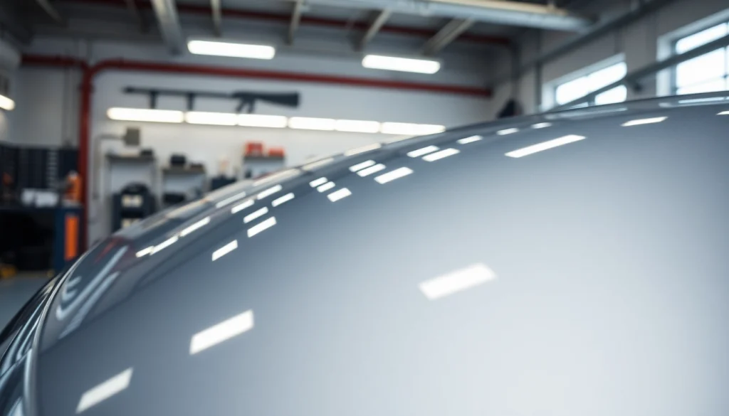 Applying paint protection film near me to a car in a professional auto workshop environment.