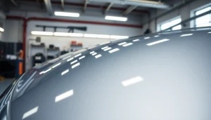 Applying paint protection film near me to a car in a professional auto workshop environment.