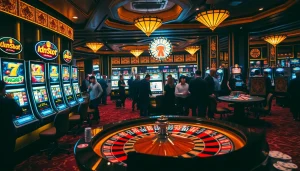 Exciting scene of players at an idn slot machine in a luxurious casino environment, showcasing vibrant graphics and dynamic atmosphere.