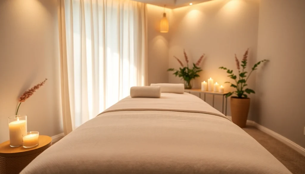 편안한 분위기의 출장마사지 세팅, 잔잔한 조명이 비춘 마사지 테이블.