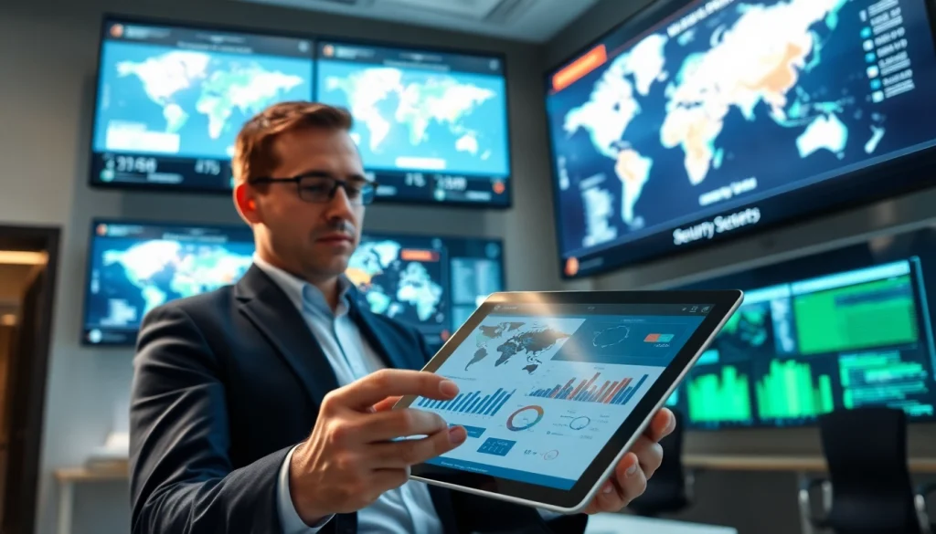 Analyze national security risks with a focused security analyst in a modern office environment.