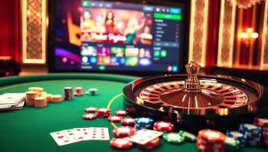 Scène passionnante au meilleur casino en ligne avec une roulette luxueuse et des jetons de poker.