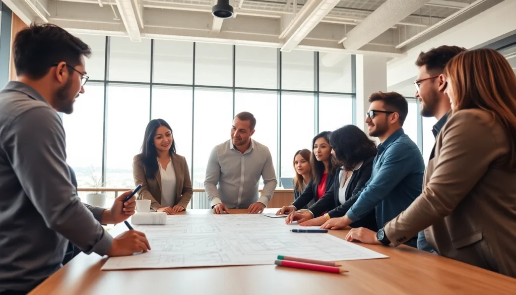 Architectural consultation Boston team collaborating in a bright office setting with design materials.