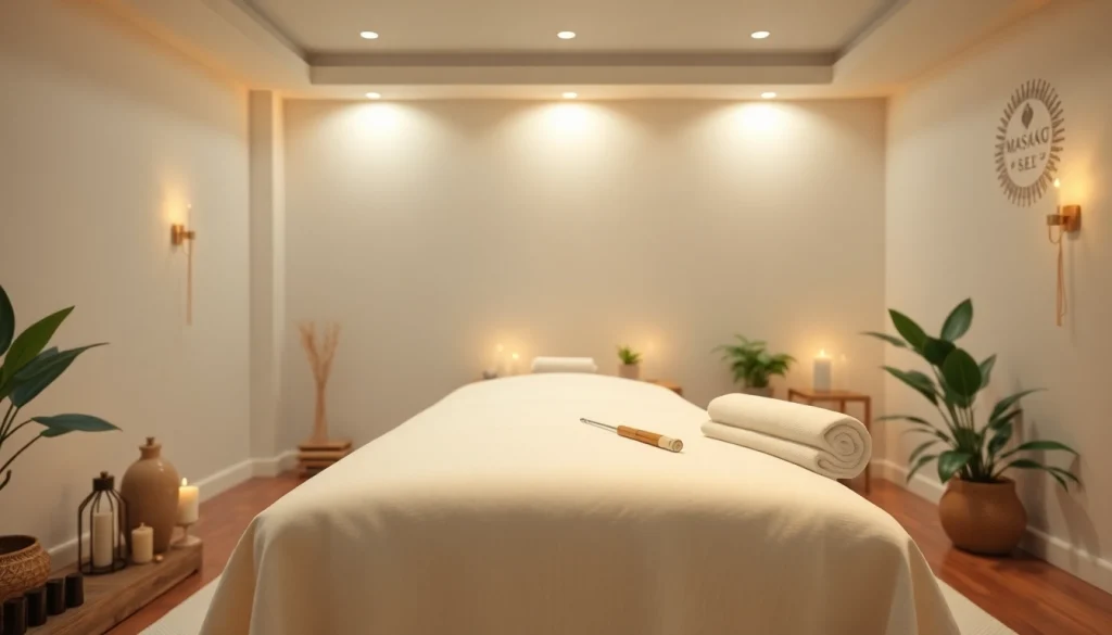 편안한 분위기와 아늑한 장식, 깨끗한 마사지 테이블이 있는 마사지 치료실.