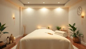 편안한 분위기와 아늑한 장식, 깨끗한 마사지 테이블이 있는 마사지 치료실.