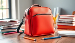 Praktische Handytasche Schule auf einem Schreibtisch mit Schulmaterialien.