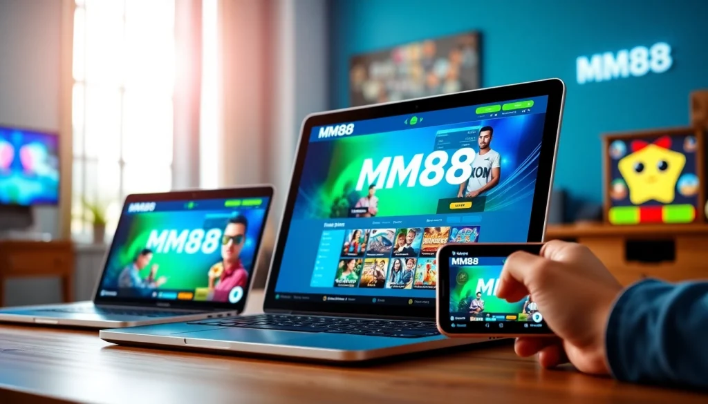 Explore the MM88 platform showcasing its user-friendly interface across devices for online gaming.